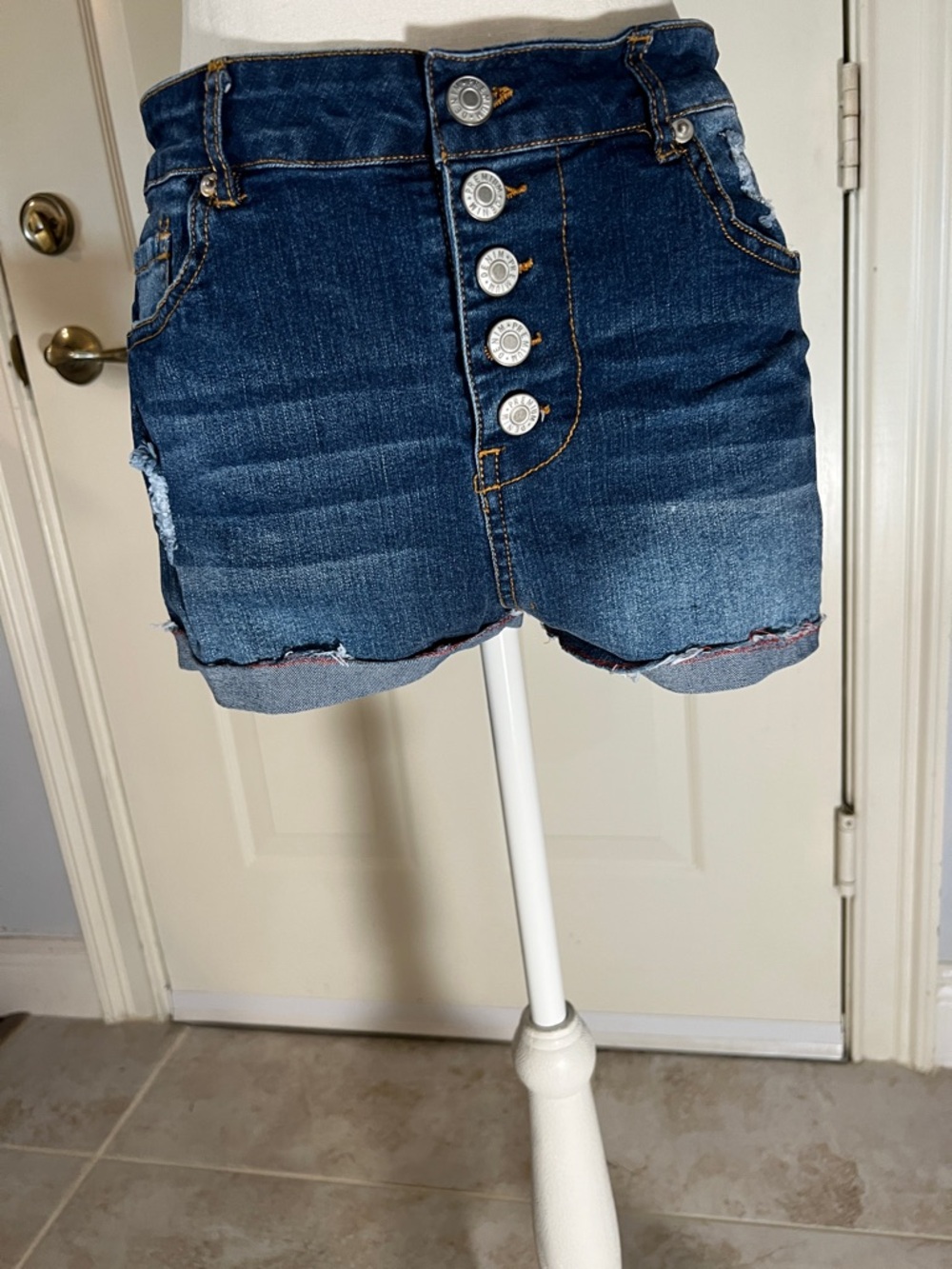 High-Waist Dark Blue Denim Jean Shorts with Button Fly